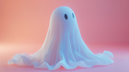A cute ghost figure with a flowing sheet sitting on a pink background. The image is whimsical and charming, perfect for Halloween decorations or children's stories