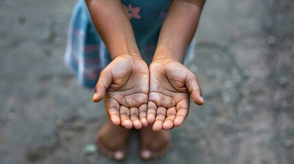 A young girl with dirty hands is holding her hands out to the camera