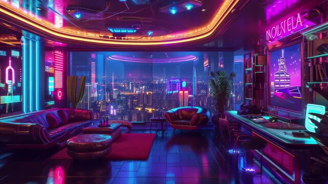Neon-lit synthwave hotel room with retro-futuristic decor and a view of a neon city. Seamless Loop Animation