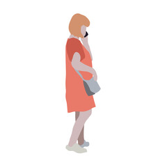 A woman walks down the street in summer clothes. 2D image to use as entourage. Flat city vector infographic.