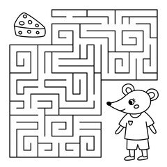 Animal line maze game for kids. Cute mouse looking for a way to the cheese. Printable worksheet with solution for school and preschool. Vector cartoon illustration.
