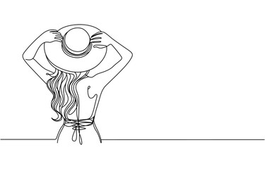 Young woman with a cocktail on the beach sitting.Line art vector illustration.Continuous line drawing of a girl in a hat under palm trees back view.Summer vacation.Summertime concept, Pro vector.