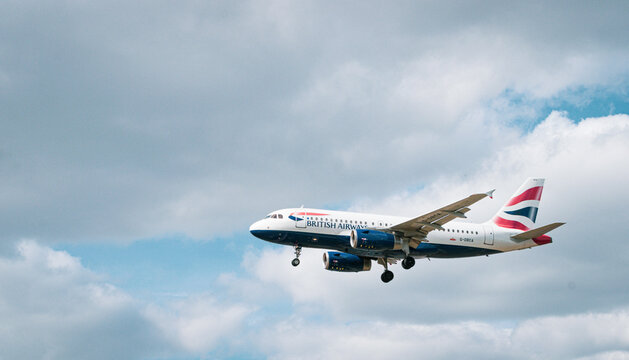 British Airways plane landing at Heathrow international airport. LONDON, UK - JULY 4, 2024