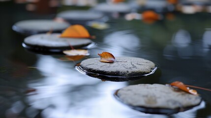 a leaf on a rock in a pond of water