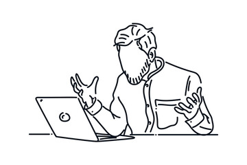 Frustation man with computer laptop hand drawn line drawing vector illustration