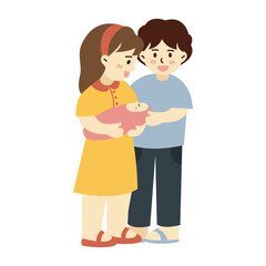 Illustration of father, mother and their newborn baby