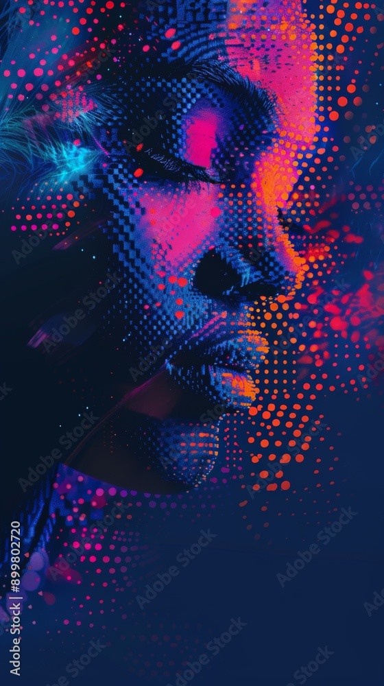 Poster Digital face with colorful glowing particles and lights on a dark background. Symbolizes futuristic technology and artificial intelligence