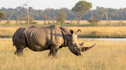 Fototapeta premium a solitary rhino grazing in the tall grass