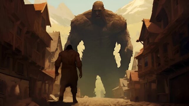 A brave man stands tall in a city, preparing to battle a massive fantasy giant. The dramatic scene combines urban and mythical elements