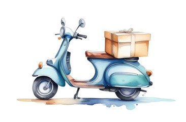 motorbike on white background. delivery scooter with cardboard cargo box, watercolor illustration.