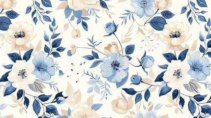 Cute hand drawn abstract flowers print. Modern cartoon style pattern. Fashionable template for design. Vintage blue and beige floral seamless pattern on white background
