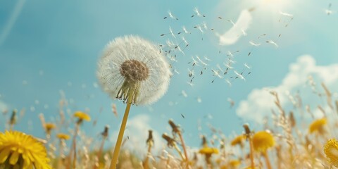 Naklejka premium Dandelion with flying seeds, space. Ai generation.