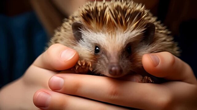 A cute little hedgehog in the palms of a person