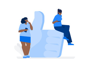 Big hand with thumb up and two women with phones