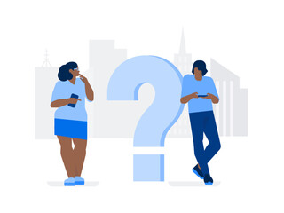 Woman and man in the city are standing next to question mark