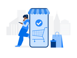 Woman stands next to smartphone with canopy from store
