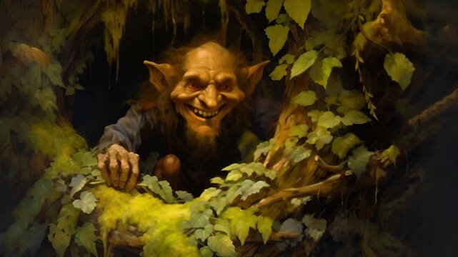 A small, mischievous troll sits in the hollow of a fairy-tale tree and laughs nastily.
