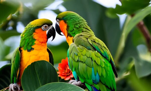 Two Colorful Parrots in Tropical Foliage