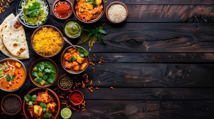 Assorted indian food on dark wooden background. Dishes of indian cuisine. Curry, butter chicken, rice, lentils, paneer, samosa, naan, chutney, spices, Bowls and plates with indian food, copy space