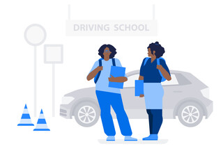 Two female students on background of car and road signs from driving school