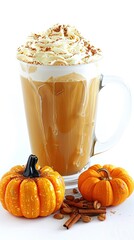 autumn hot spiced drink pumpkin latte with airy foam with aromatic cinnamon sticks and pumpkins on a white background. Vertical image. Traditional drink for Thanksgiving or Halloween