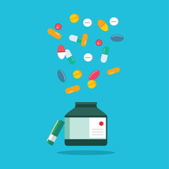 Pharmacy medical concept. various types of health medicines and vitamins, pills, capsules. Health illustration in flat style.