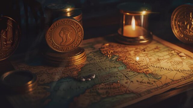 ancient maps and coins, seamless 4K looping virtual video animation background
