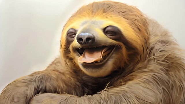 Cute little fluffy sloth laughing happily on white background