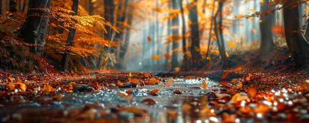 Obraz premium A dreamy forest scene with golden leaves and a river flowing through.