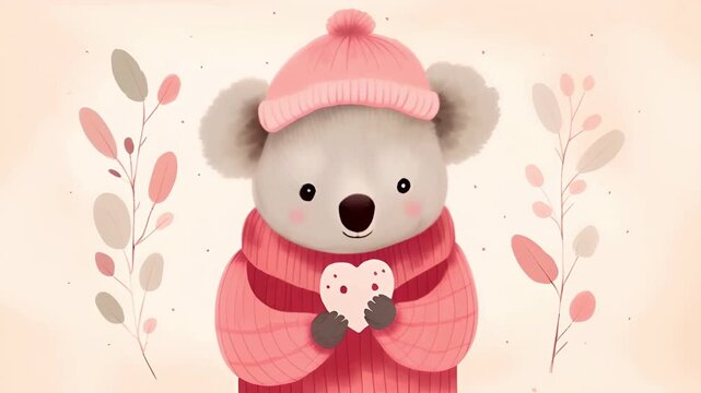 Cute fluffy koala in a knitted hat holds a heart on a pink background for Valentine's Day