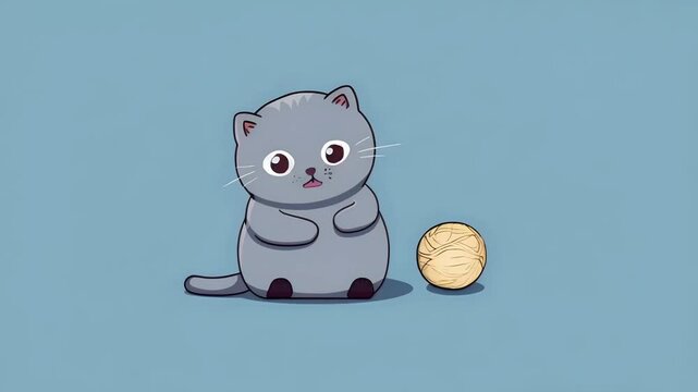 A funny gray cartoon kitten watches a spinning ball of thread with curiosity