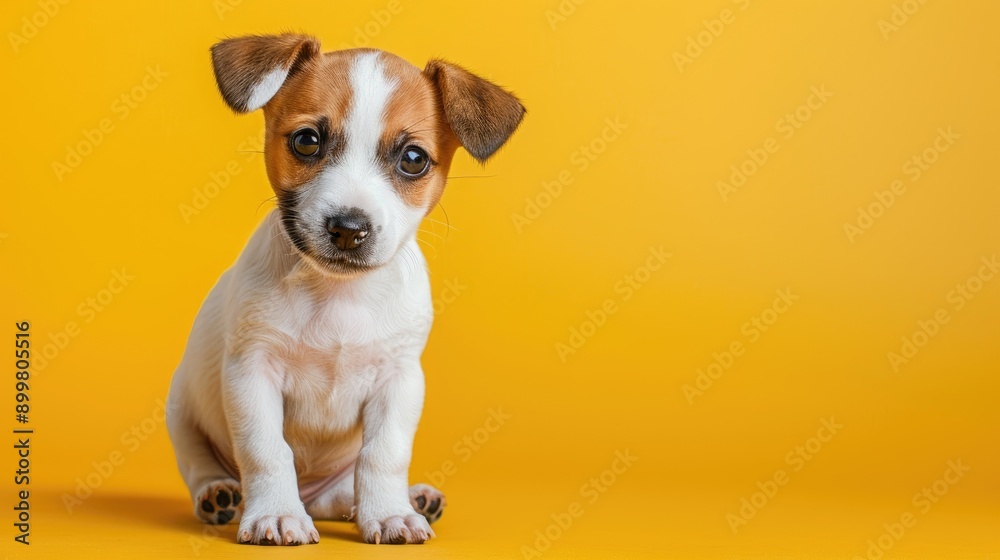 Sticker Adorable Two Month Old Jack Russell Terrier Puppy with Folded Ears on Yellow Background