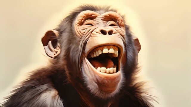 Funny wild laughing chimpanzee on light background
