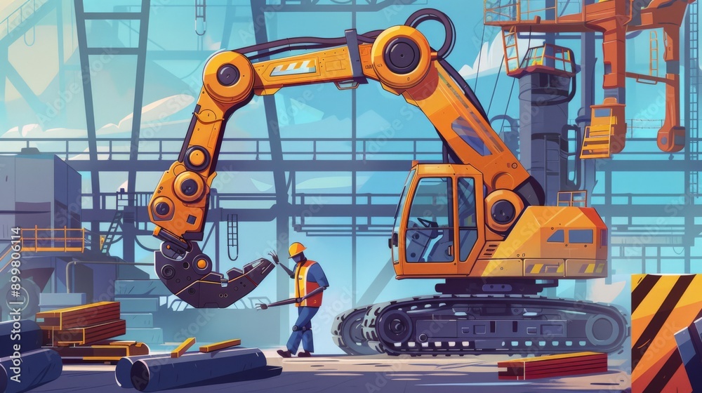 Poster Large robotic arm operating in an industrial construction environment with an engineer. Integration of advanced technology in construction.