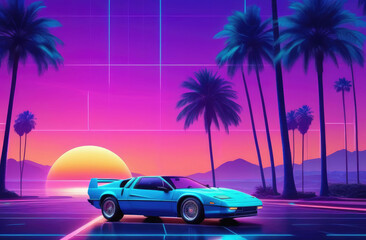 Sunset landscape with retro 80s sport car. 3D virtual reality view capturing vintage 1980s vibes