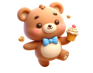 Obraz premium cute baby bear doll with ice cream 3d illustration isolated on a transparent background