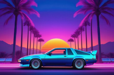 sport car at sunset Miami landscape in vintage 80's style. Retro view in 3D VR, 1980s vibes