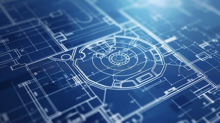 Fototapeta premium A close-up view of a highly detailed architectural blueprint in blue tones, showcasing intricate designs and floor plans. Perfect for illustrating engineering, planning, and architectural concepts.