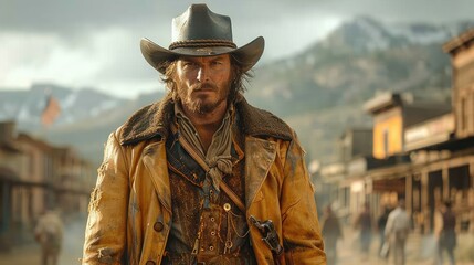 Western movie shot, front view of a cowboy ready to do a duel in middle of a wild west town