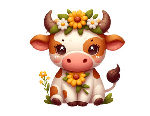 cute baby cow with a flower vector illustration design isolated on a transparent background