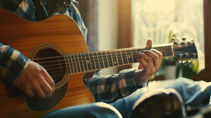Fototapeta premium Man playing acoustic guitar, covering online course AI generated