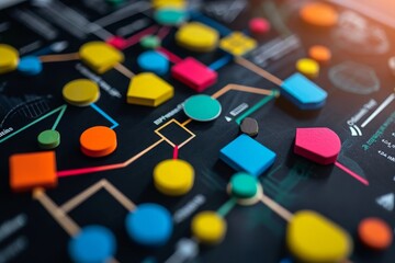 This close-up photo captures the details of a board game board, showcasing its design, colors, and game pieces, Intricate flowchart of mutual funds concept, AI Generated