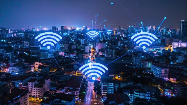 Modern city with wireless network connection and city scape concept AI generated