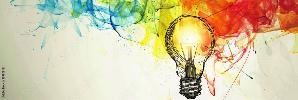 Poster Light bulb sketch with colorful smoke background representing creativity and ideas. Artistic representation of innovation and inspiration.