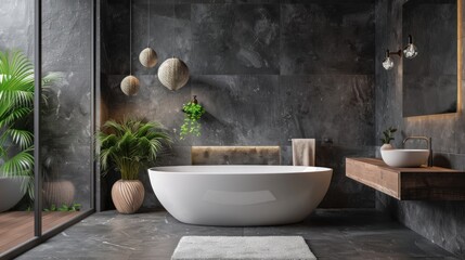 Modern furnished bathroom dark grey interior design with granite tiles AI generated