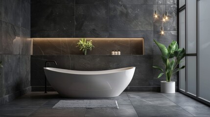 Modern furnished bathroom dark grey interior design with granite tiles AI generated