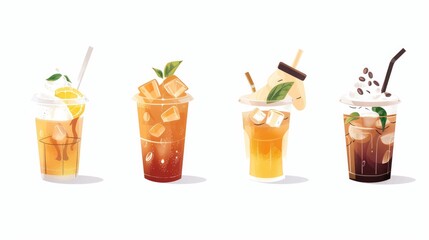 A set of icons designed for a cafe's digital menu, featuring images of iced coffee, herbal tea, and hot chocolate. The icons are simple and clear, making them ideal for online ordering platforms.