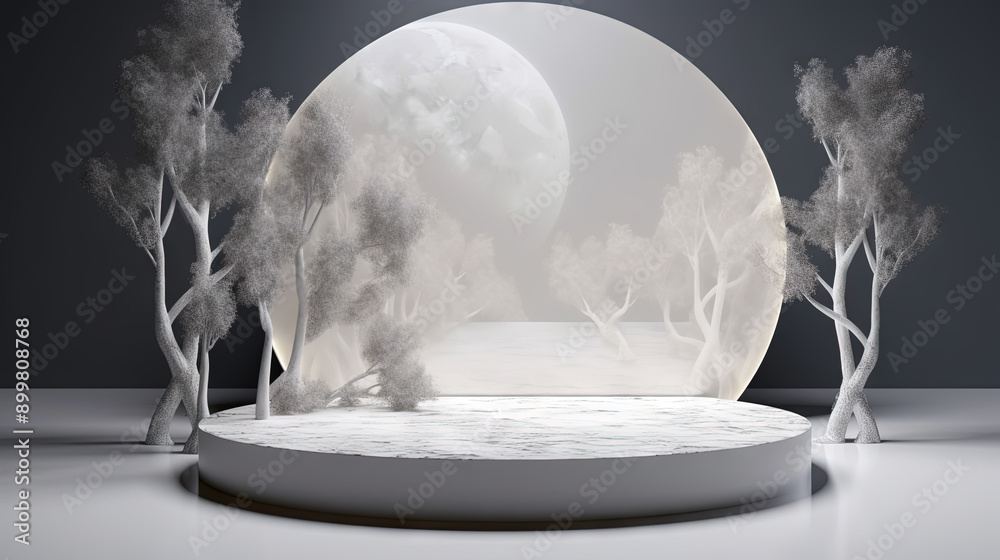 Poster Interior with circular architecture form in 3D style. Abstract room with arc element and trees.