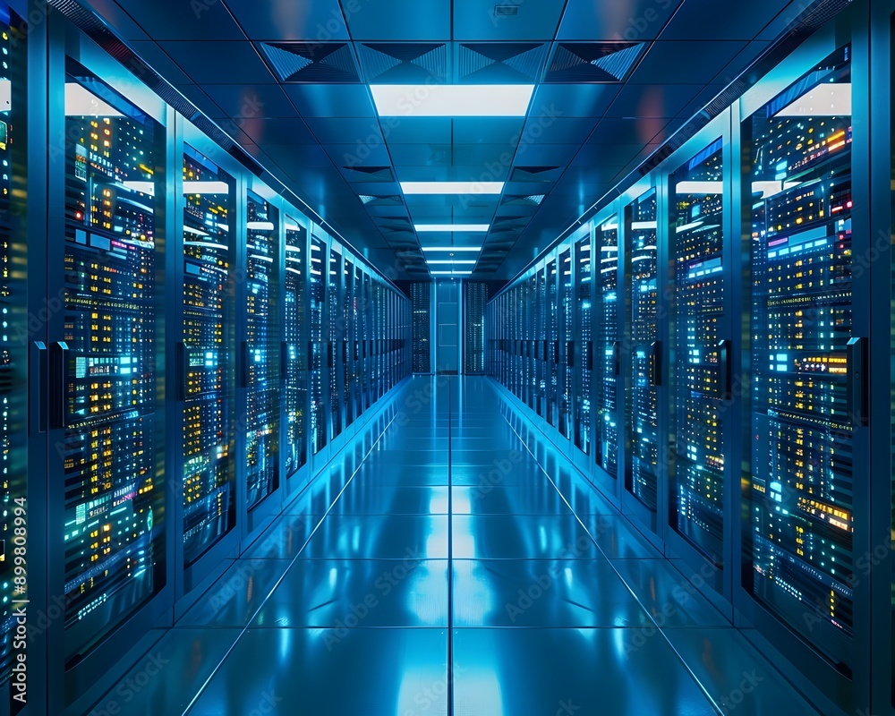 Poster high tech data center with rows of servers and cooling systems for monitoring the infrastructure