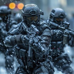 Fototapeta premium A group of soldiers in tactical gear move through a rainy urban environment.